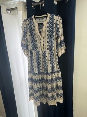 Boho Navy and Cream Printed Button-Front Midi Dress